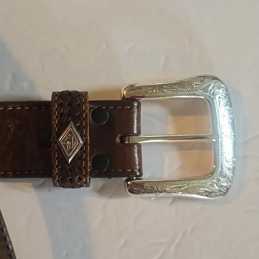 Mens Brown Premium Woven Leather Western Belt With Silver Buckle  Sz.L/XL